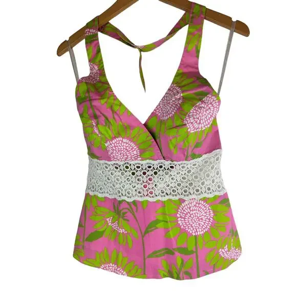 VTG Y2K Lilly Pulizter Chantel Halter Top Palm Beach Hibiscus Pink Womens Size 4 - Picture 2 of 7